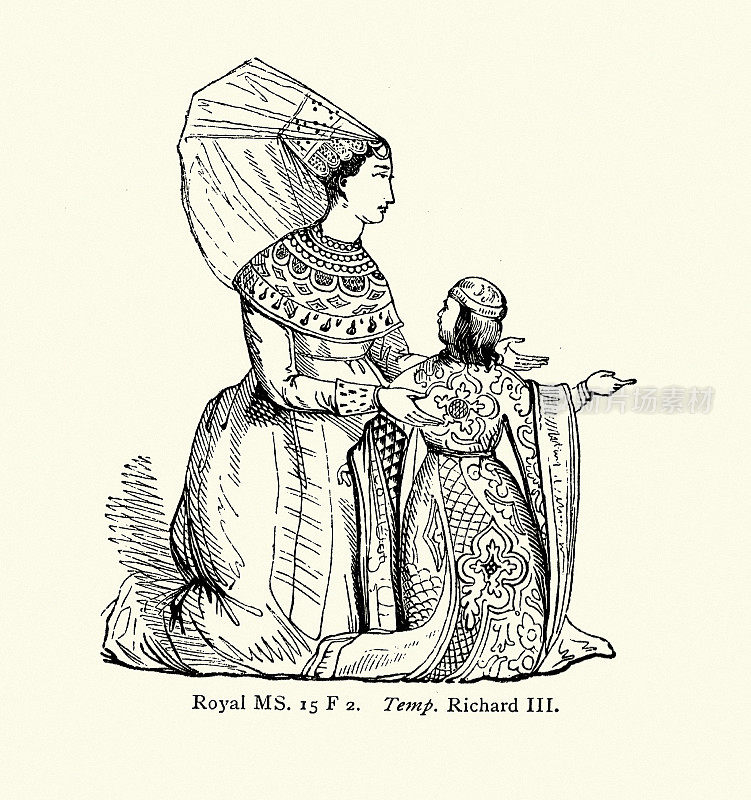 中世纪妇女的时尚，母亲和孩子，15世纪的海宁帽和喉