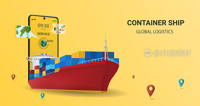 移动服务集装箱船在线配送，在线订单跟踪，全球物流，船舶配送，海上物流。城市物流、仓库、货运、快递。网站或横幅概念。3D透视矢量图