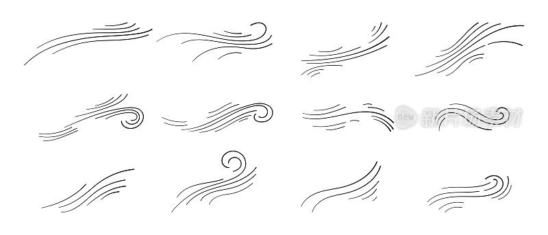风吹涂鸦。手绘空气波图标。轮廓风运动符号孤立在白色背景。