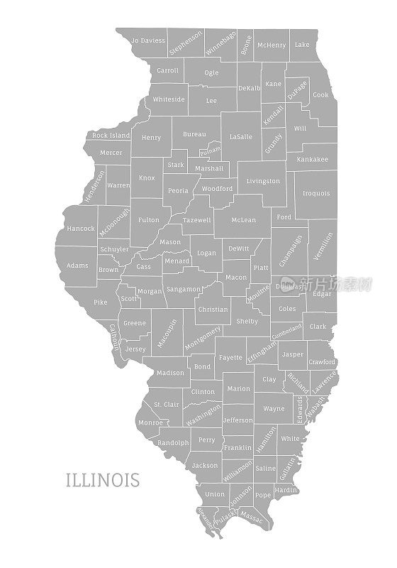 高度详细的灰色行政地图伊利诺伊州，美国