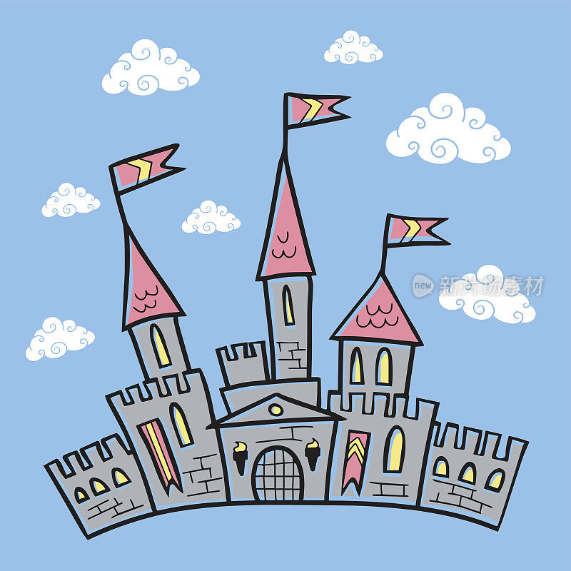 卡通魔术城堡的蓝色背景与云彩