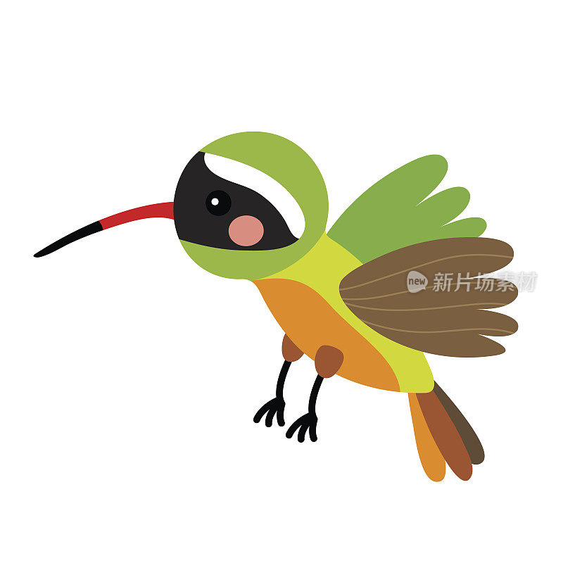 飞行黄斑蜂鸟动物卡通人物矢量插图。