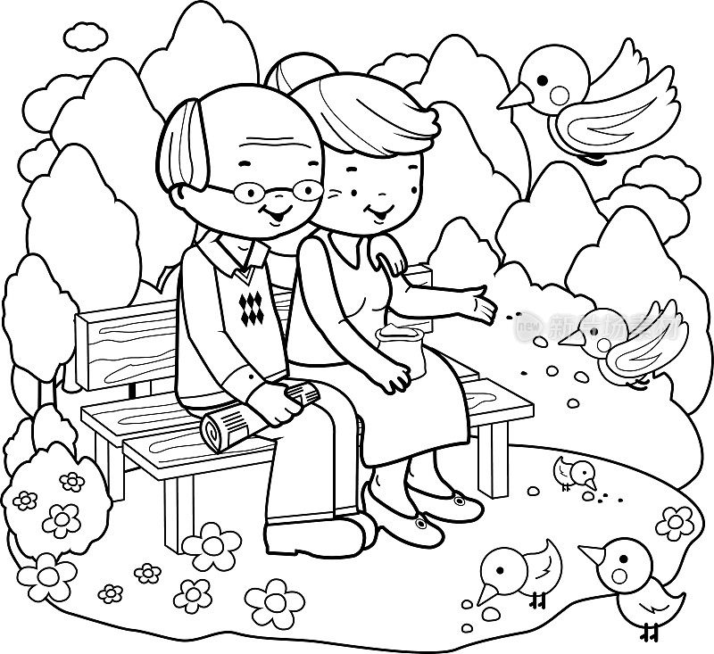 一对老年夫妇在公园里。彩色书页面