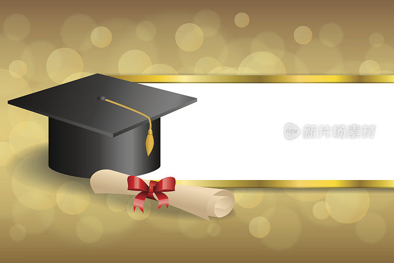 米色教育毕业帽，红色蝴蝶结，金色条纹框