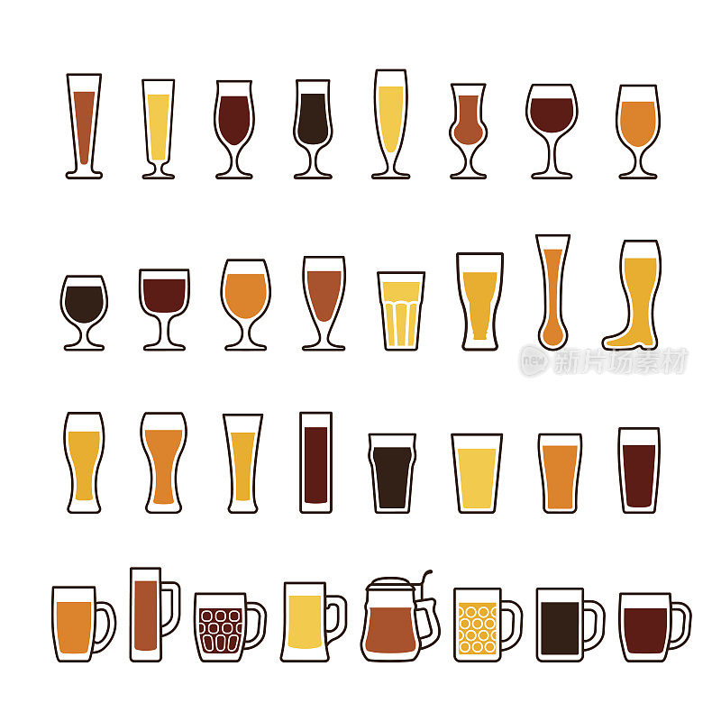 不同类型的玻璃杯和马克杯啤酒。矢量图标设置