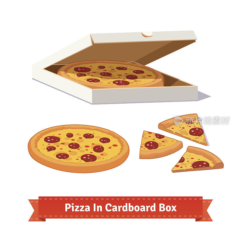披萨在打开的纸板箱里。交付