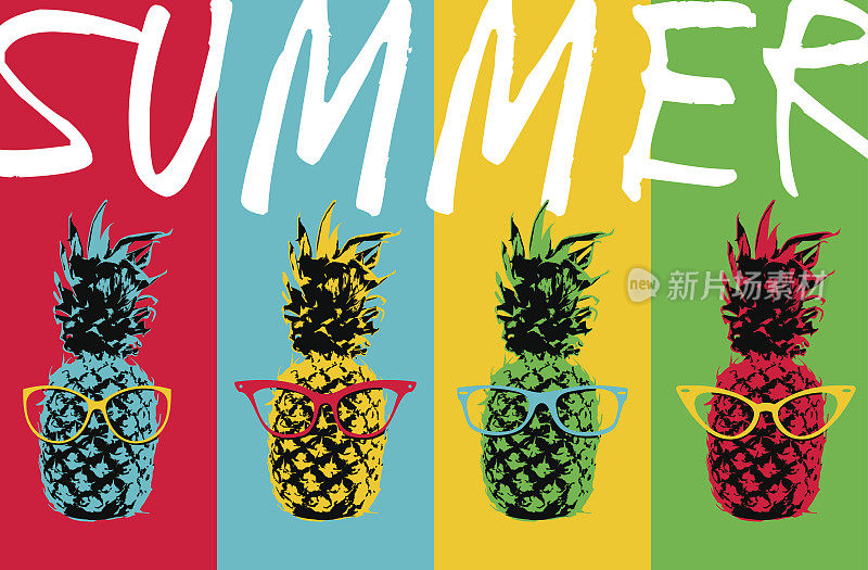 夏季菠萝颜色设计与时髦的眼镜