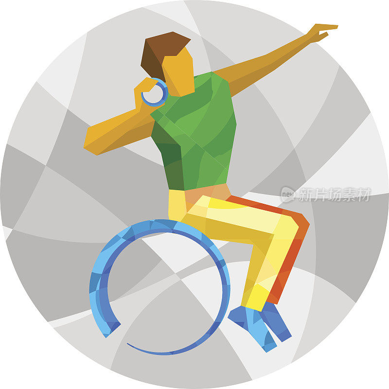 轮椅运动员投掷投篮。平面运动图标。