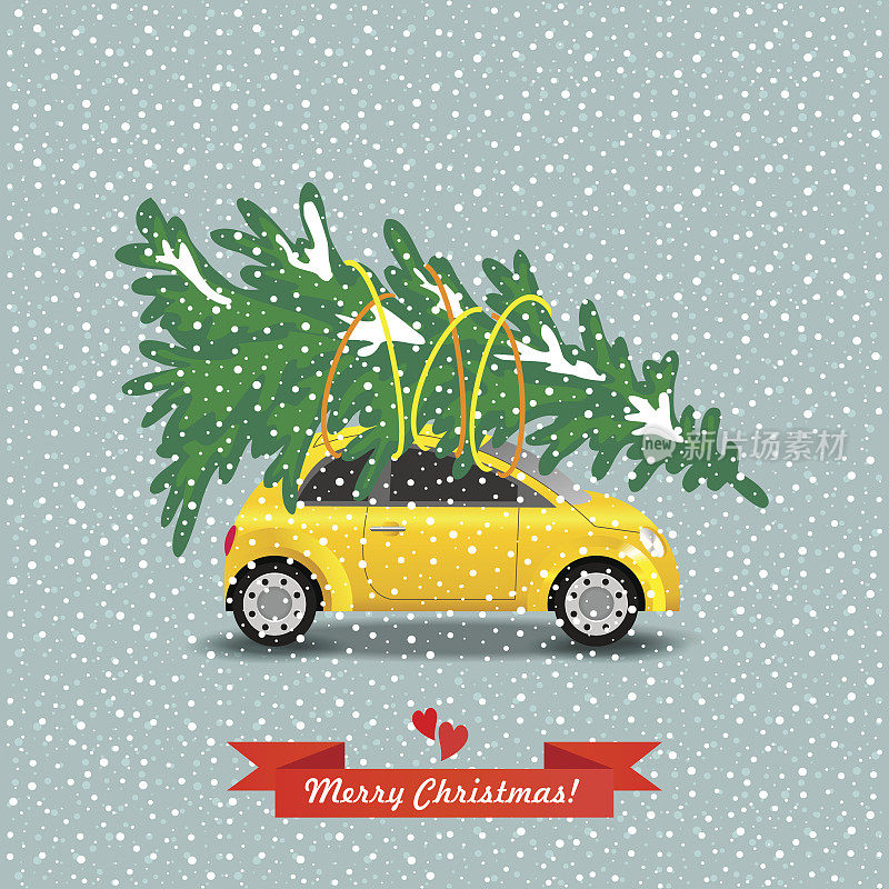 圣诞快乐!矢量插图。黄色的汽车载着一棵圣诞树。