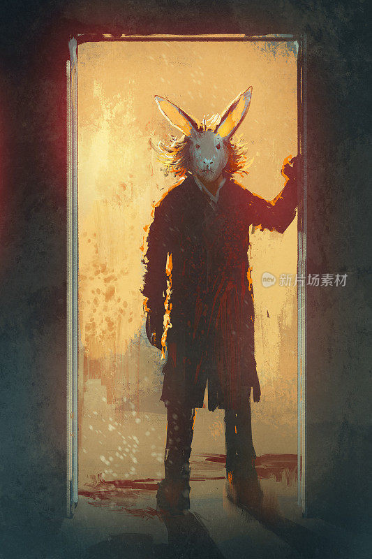 一个戴着兔子面具的人站在门口