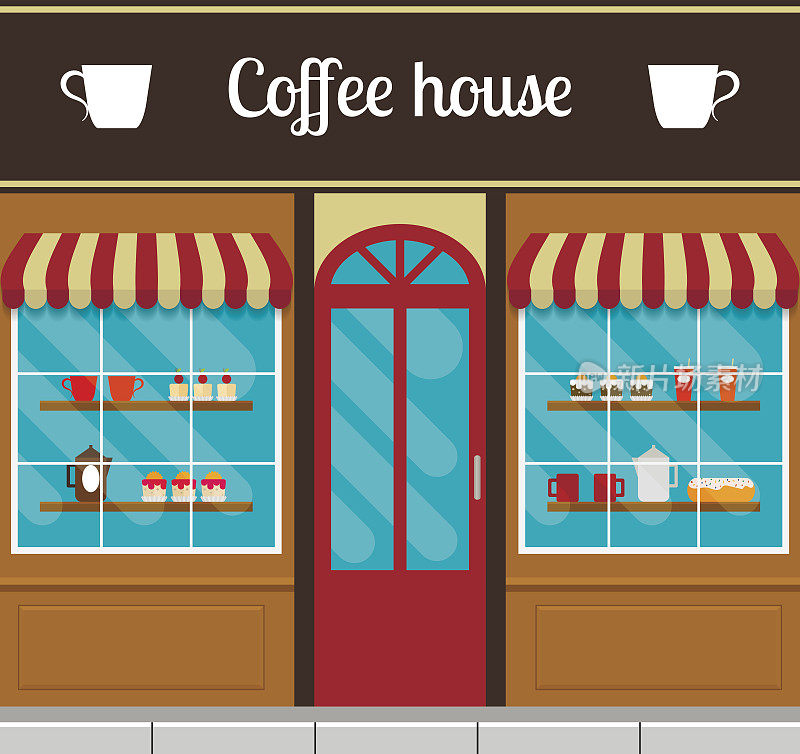 咖啡店正面或正面为扁平风格。矢量插图的城市小型商业咖啡馆与窗口显示。