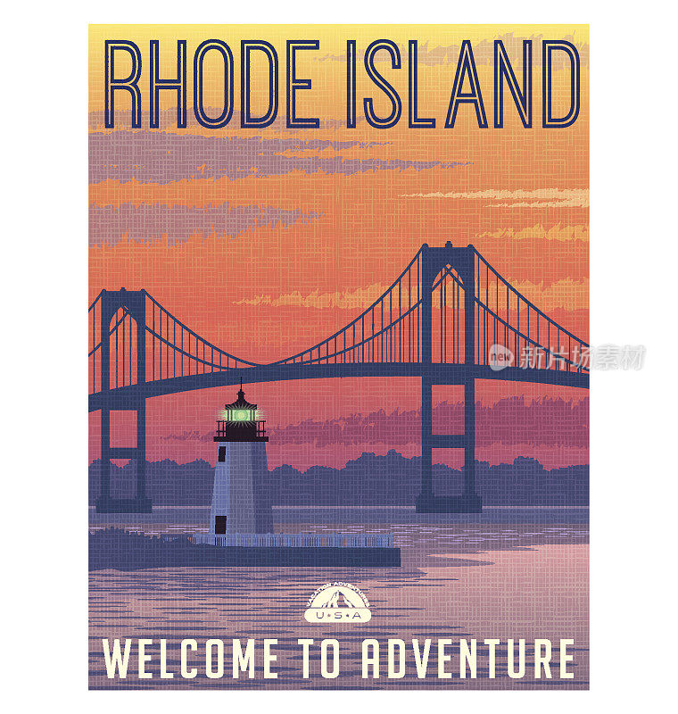 罗德岛州的旅游海报或贴纸。矢量插图的新港大桥和港口光在日出。