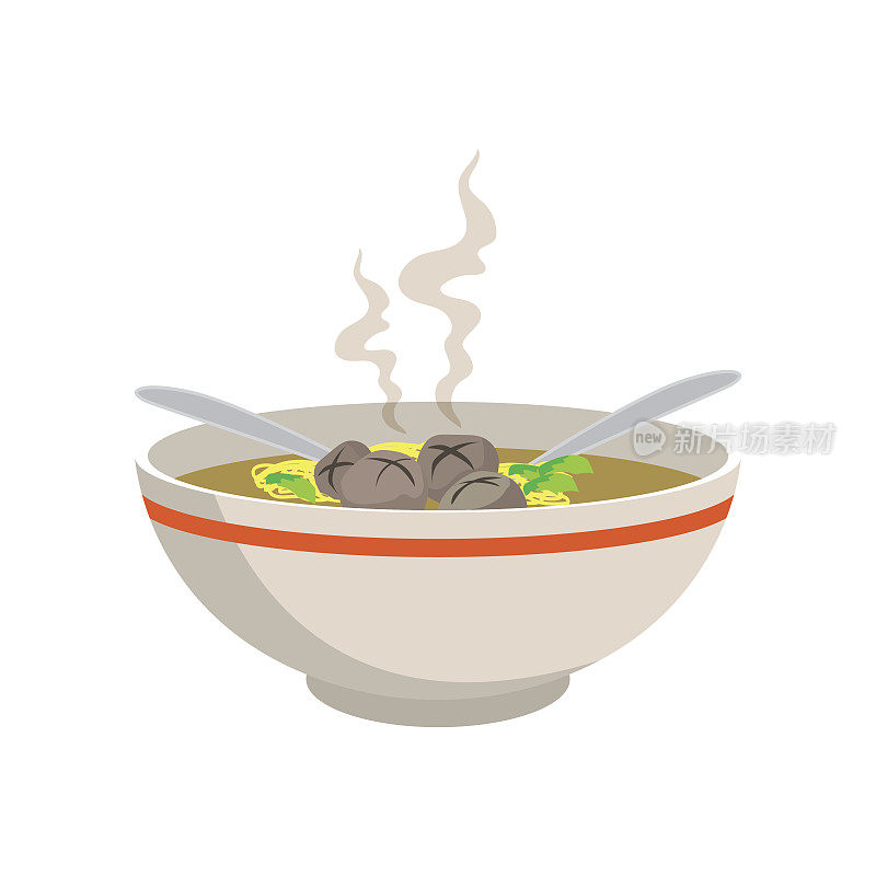 热黄面汤和肉丸在中国碗