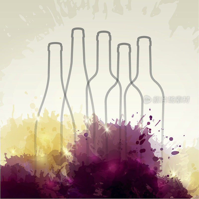 背景与彩色斑点和葡萄酒。酒瓶插图