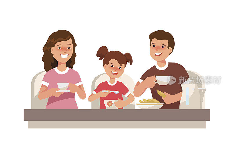 矢量平面插图的幸福家庭早餐。