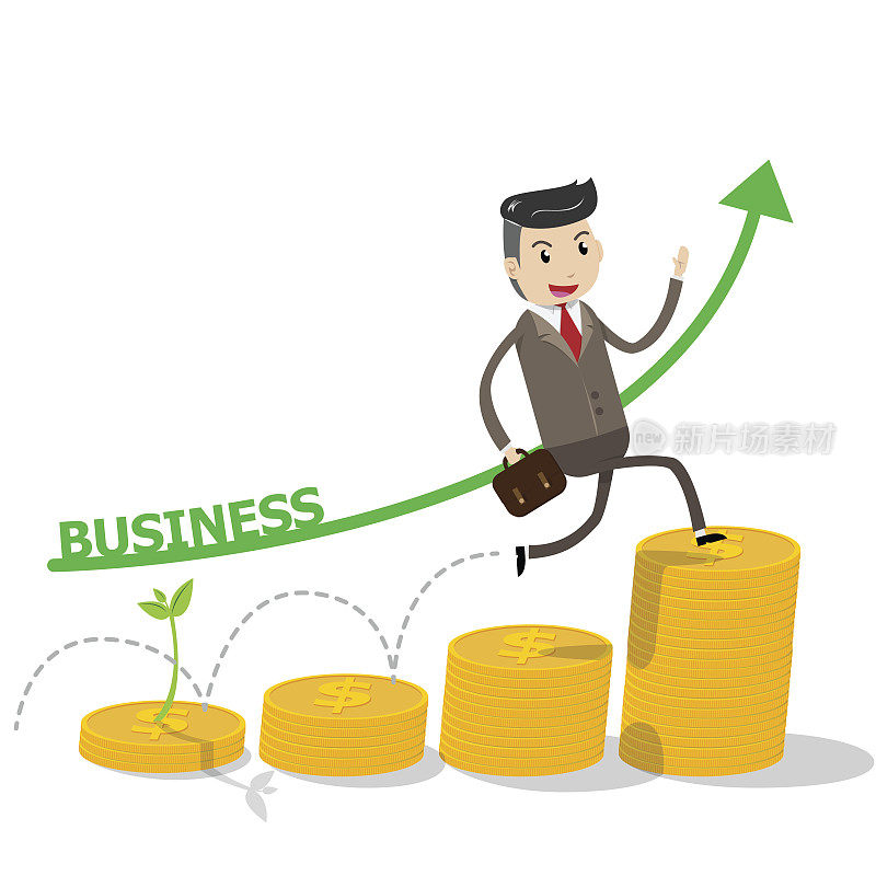 金融成长的成功理念，快乐商人爬上金币作为阶梯，从开始到成功。成长成功过程的业务概念。矢量插图ESP10