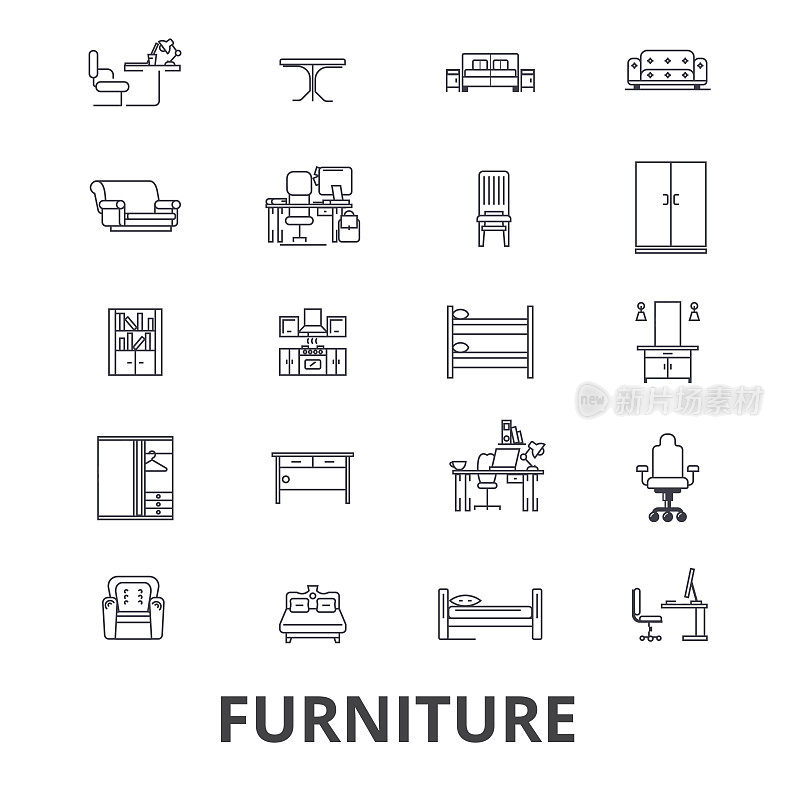 家具、家具设计、室内、椅子、办公家具、客厅线条图标。可编辑的中风。平面设计矢量插图符号概念。线性迹象孤立