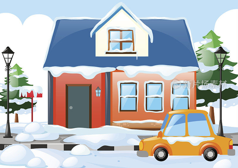 房子和汽车被雪覆盖的场景