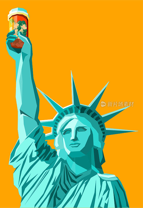 自由女神像举着一个药瓶——美国处方药流行的概念插图