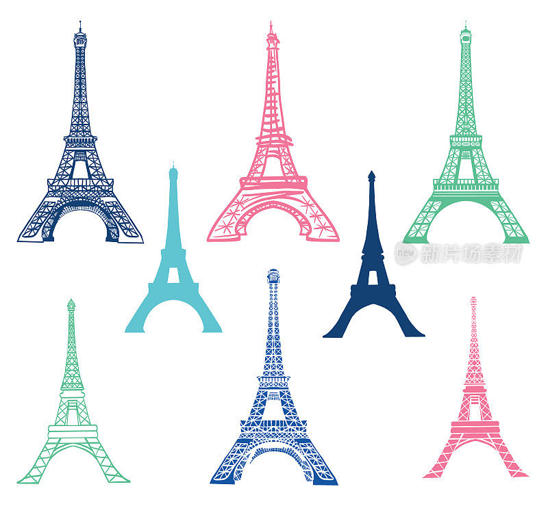 矢量组不同的埃菲尔铁塔地标巴黎，法国与剪影的图标。地标和结构信息图表元素