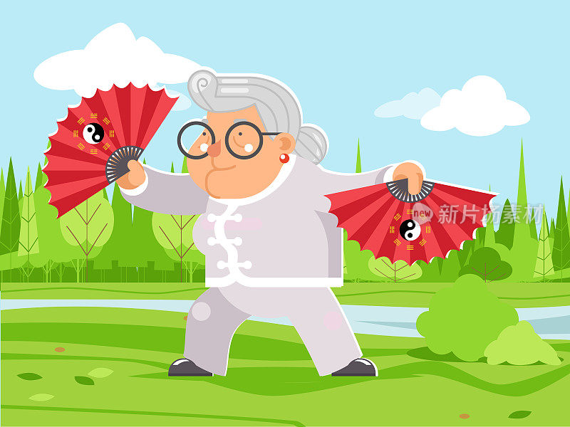 范武术功夫太极健身活动健康奶奶成人老年妇女人物卡通自然背景平面设计矢量插图