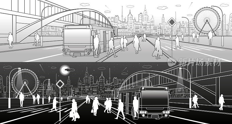 城市场景，人们走在街上，乘客离开公共汽车，夜晚的城市，照明公路，过渡拱桥的背景。暗光草图。轮廓矢量图