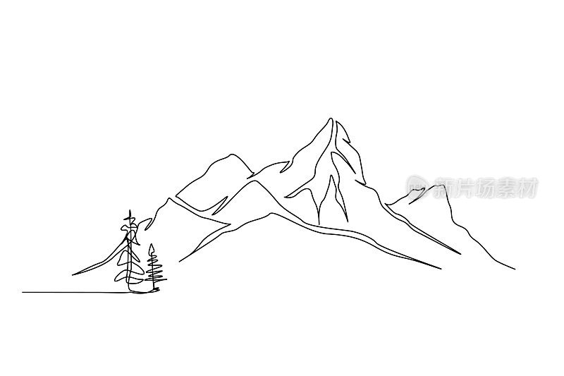 连续的单线山景图。高坐骑高峰线形画矢量设计。探险、冬季运动、徒步旅行和旅游概念。线条简洁的山地景观设计。