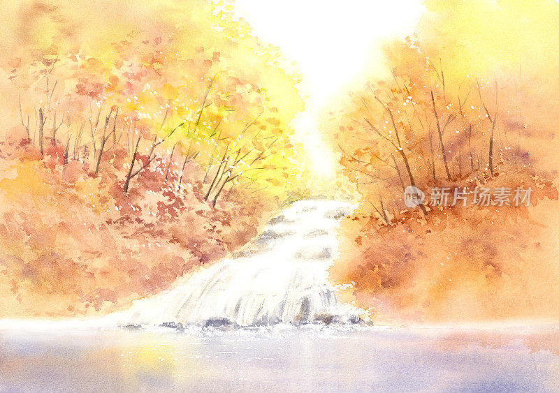 秋叶瀑布景观水彩画