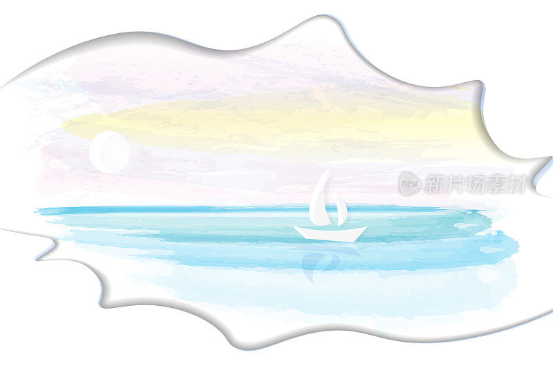 游艇。夏天水彩海景。剪纸装饰。柔和的概念。