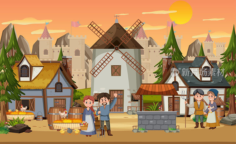 中世纪小镇在日落时分的场景与村民