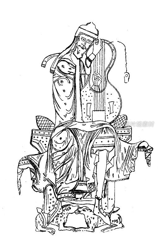 大卫王会弹竖琴(洛特)。瑞士圣加尔修道院图书馆收藏的诺克・拉比奥(诺克三世，本笃会修士，约950-1022年)手稿中的法克斯米莱(彩色石雕)