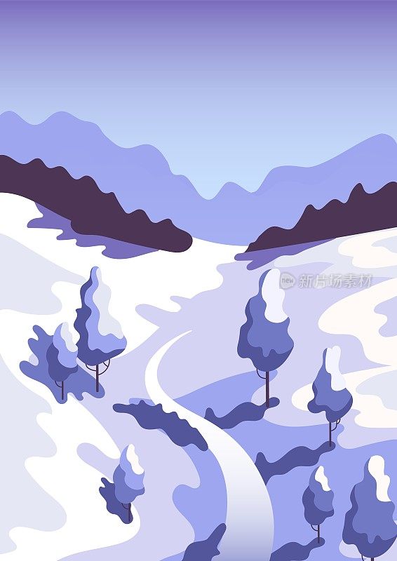 美丽的冬天的风景。高山，冰冻的河流和天空。白雪覆盖的山丘和树木。到紫罗兰色调。滑雪旅游，单板滑雪，旅行和冒险。用于海报、明信片、横幅、网站