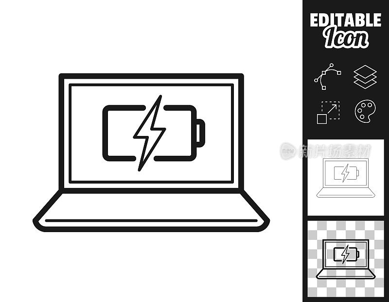 带有电池充电标志的笔记本电脑。图标设计。轻松地编辑