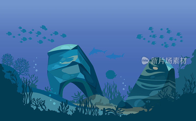 水下海洋动物群的矢量插图与珊瑚礁，海藻，藻类，蝠鲼，植物，鱼。轮廓海底。