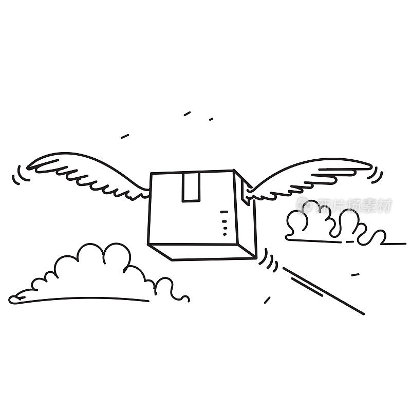 手绘涂鸦包装盒与翅膀飞行插图