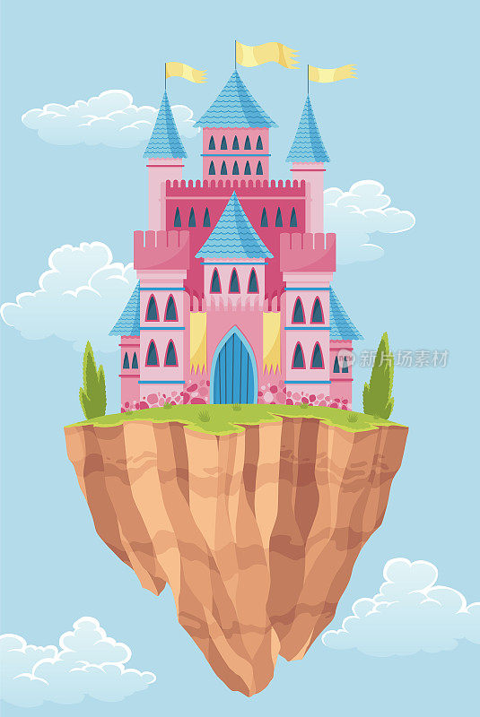 飞行岛童话城堡。卡通幻想宫殿与塔，矢量中世纪堡垒或堡垒。童话王国的房子在天空中建造
