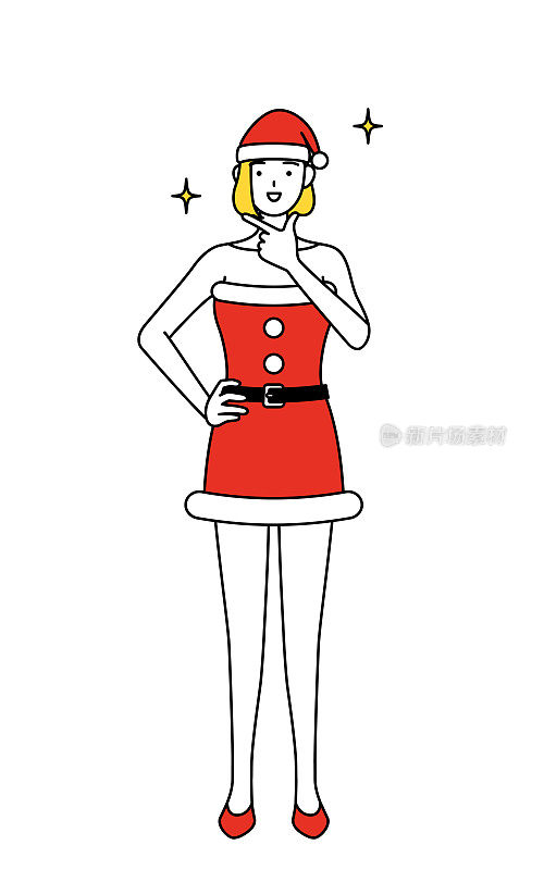 简单的线条插画，一个女人打扮成圣诞老人在一个自信的姿势。