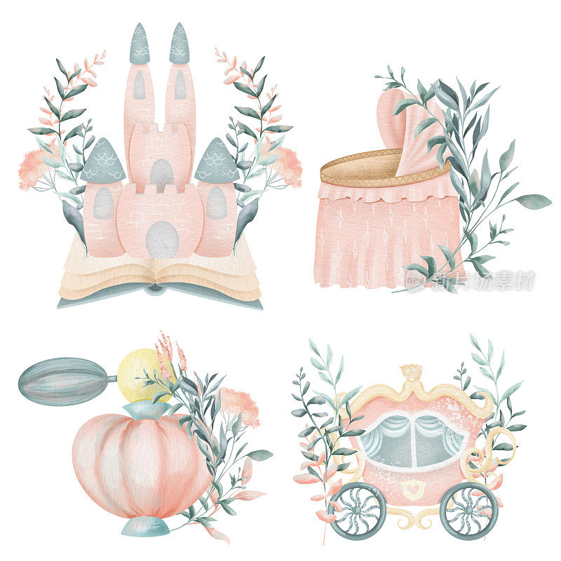 公主故事的水彩童话元素(粉红色的城堡，书，马车，摇篮)，孤立的插图在白色背景，婴儿淋浴女孩剪纸，生日剪纸