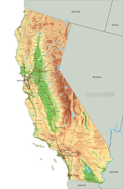 高度详细的加州物理地图与标签。