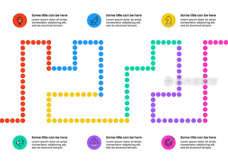 信息图表模板。带有圆圈和6步的抽象时间轴