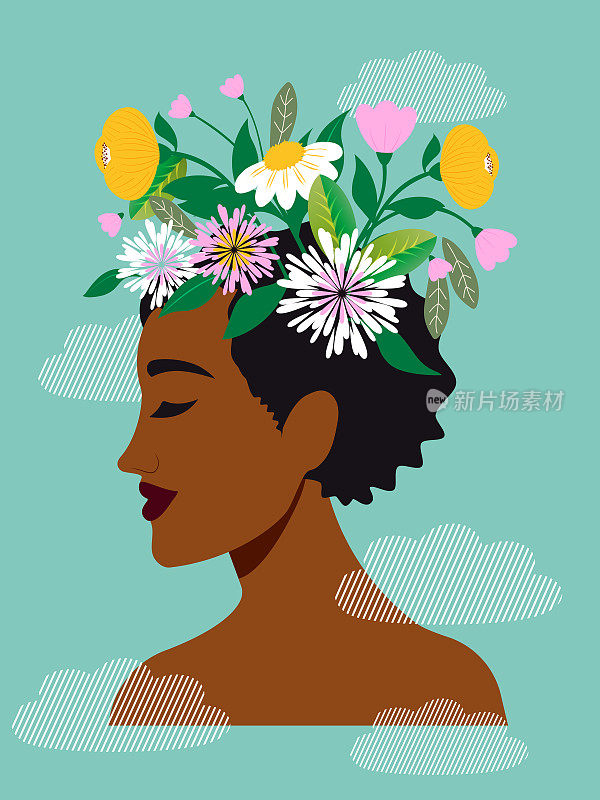 一个美丽的非裔美国女人，有一个盛开的头。女性心理健康的概念。垂直的蓝色横幅，上面有一位深肤色女士的肖像。向量。