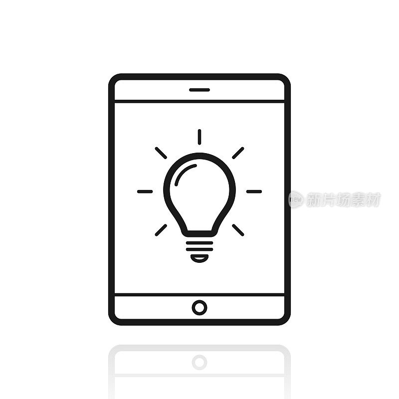 带灯泡的平板电脑。白色背景上反射的图标