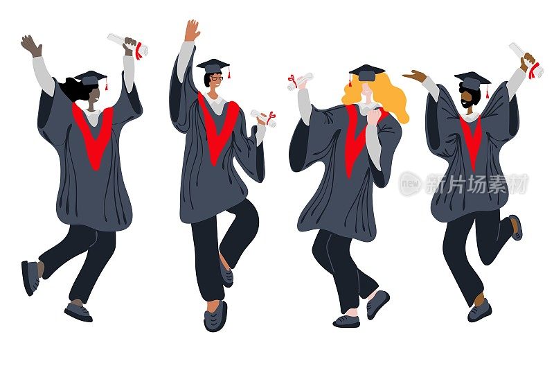 大学毕业生。一群身着学士服，头戴毕业帽，手持毕业证书，喜气洋洋的国际毕业生