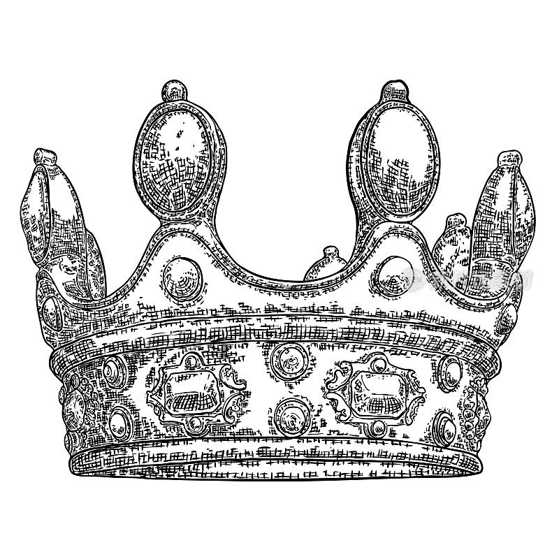 国王和王后的王冠头饰。皇家贵族皇室珠宝王冠。君主珠宝皇室豪华加冕宝象征。手绘矢量。