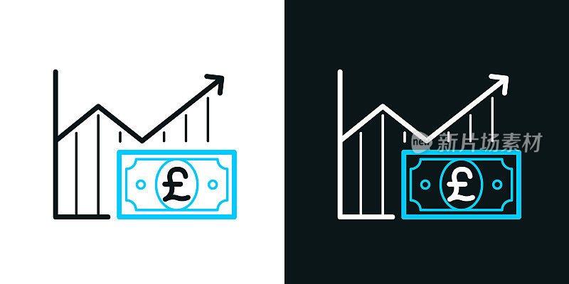 英镑钞票的增长图。黑色或白色背景上的双色线图标-可编辑的笔画