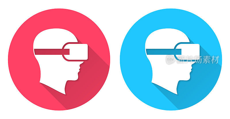 头戴VR虚拟现实耳机。圆形图标与长阴影在红色或蓝色的背景
