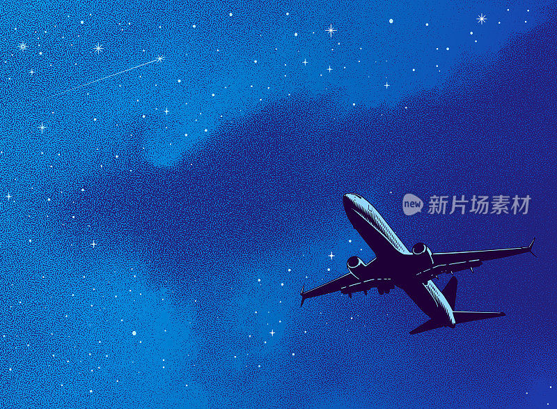 点画插图的飞机，夜空和星星