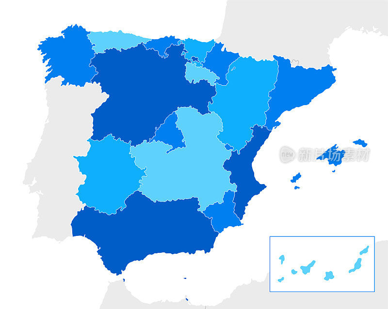 高详细的西班牙蓝色地图与地区和国界葡萄牙，安道尔，直布罗陀，法国，摩洛哥，阿尔及利亚