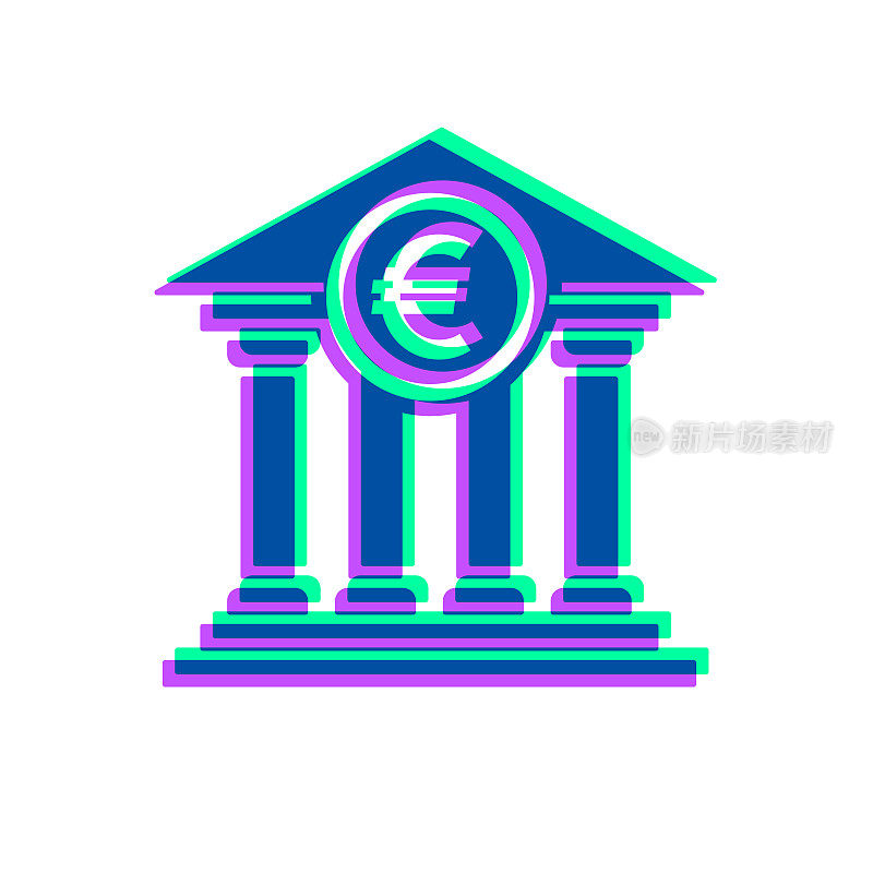 有欧元标志的银行。图标与两种颜色叠加在白色背景上