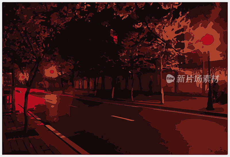 轮廓风格霓虹色彩的超宇宙卡通户外场景,街道树在城市